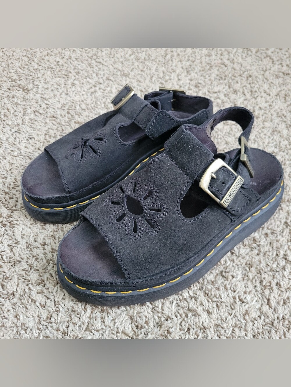 Dr. Martens Dunnet Flower Sandals Shoes Black Suede Leather Gold Women's 7